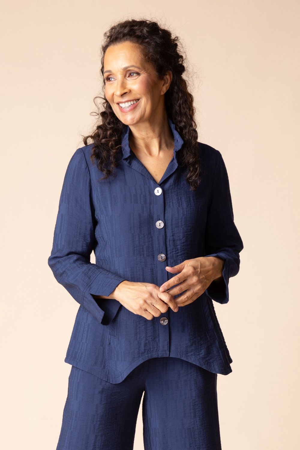 Rayon Jacquard Ruched Collar Shirt