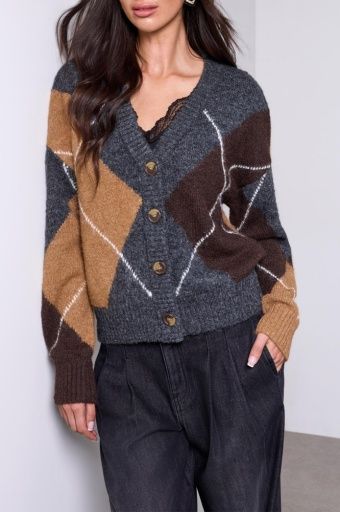 LOFTY ARGYLE SWEATER CARDIGAN, Color: H Charcoal, Size: XS