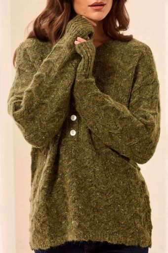 HENLEY SWEATER W/ SCALLOP HEM, Colour: M CEDAR GREEN, Size: XS