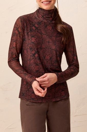 Lined Mesh Turtleneck Top, Colour: RusticBrown, Size: XS