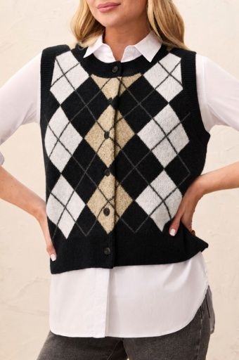 Sweater Vest w/ Button, Colour: Black, Size: XS