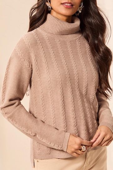 Turtleneck Sparkle Cable Sweater, Color: Dark Pashmina, Size: XS