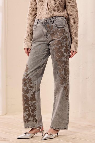 Brooke Flower Embellished Super Straight Jean