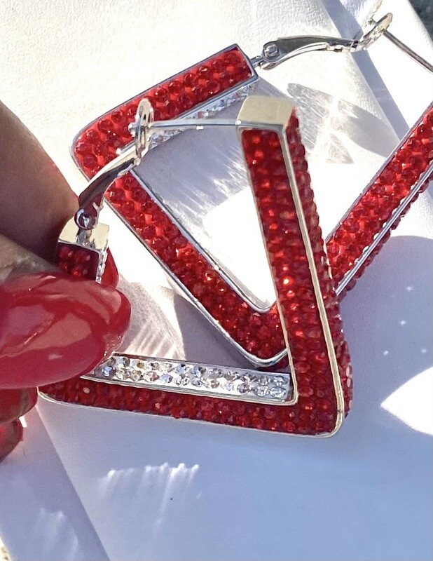 Red & White 2 Tone All Crystals Bling Earrings-Deal