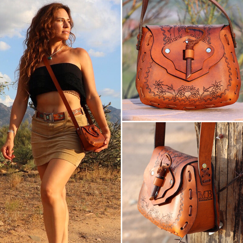 HANDCRAFTED Tooled Leather Saddle Bag Purse Cross Body with Mesquite Closure - Wildflower