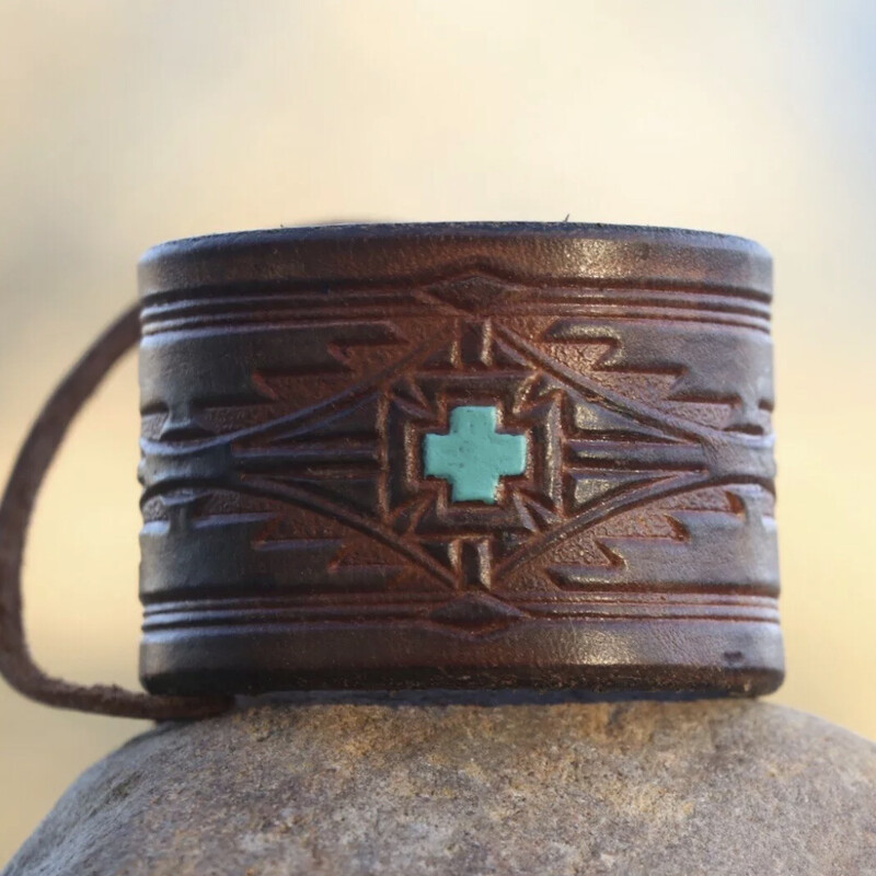 VTG Native American Tooled Leather Cuff / Bracelet - Brown “ Warrior Cross “