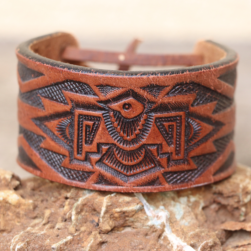 Vintage Tooled Leather Cuff / Bracelet " Warrior Eagle " - Cognac Brown - Upcycled Collection