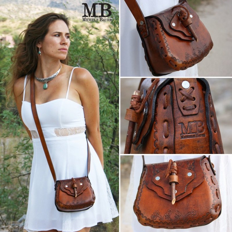 HANDCRAFTED Tooled Leather Saddle Bag Purse Cross Body with Mesquite Closure - Wildflower