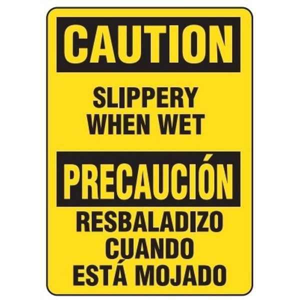 BILINGUAL Caution "Slippery When Wet" Safety Sign - 10" x 14"