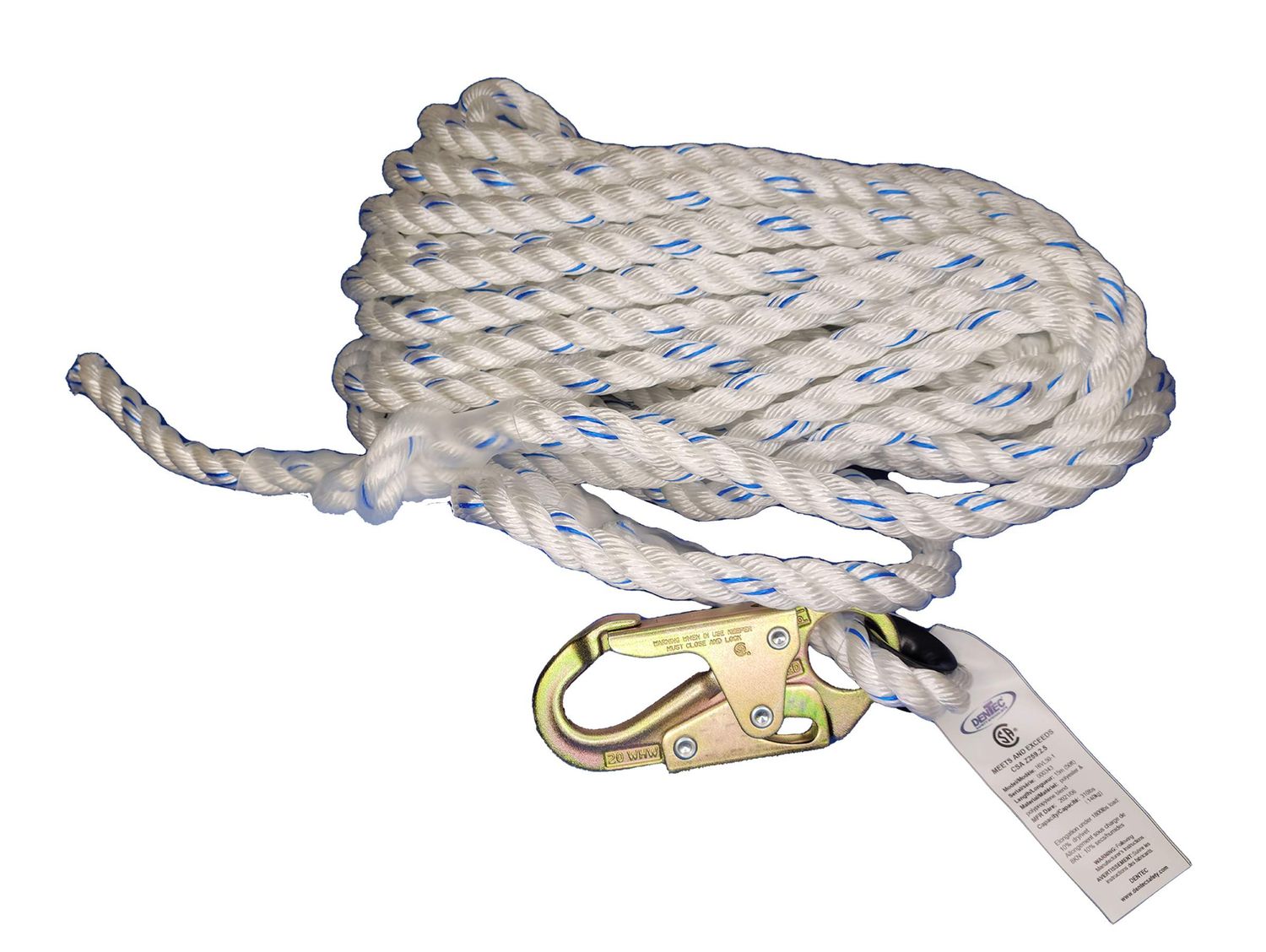 Vertical Lifeline / 5/8" / 3/4" Hook / Thimble Eye 16VL25-1/16VL50-1/16VL100-1 Dentec Safety