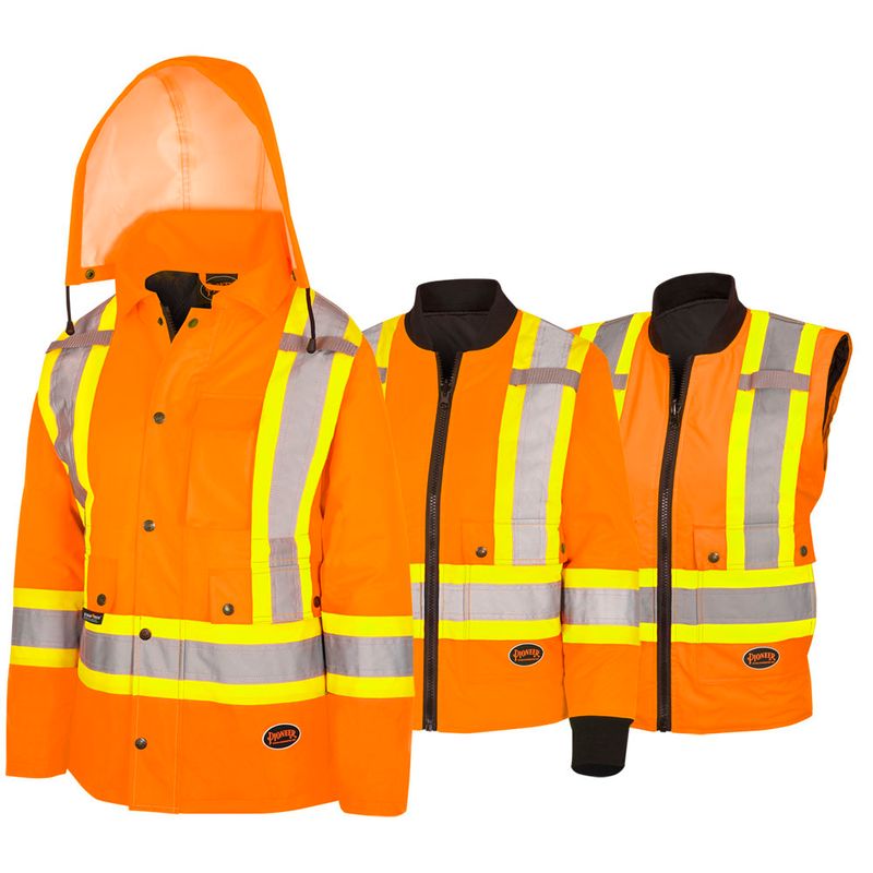 Women's Hi-Vis 7-In-1 Waterproof Jacket with Hood - Hi-Vis Orange | Pioneer 5020W Pioneer