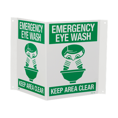 3D Rigid Plastic Angle Sign - ?Emergency Eye Wash?Keep Area Clear" - 18" x 10"