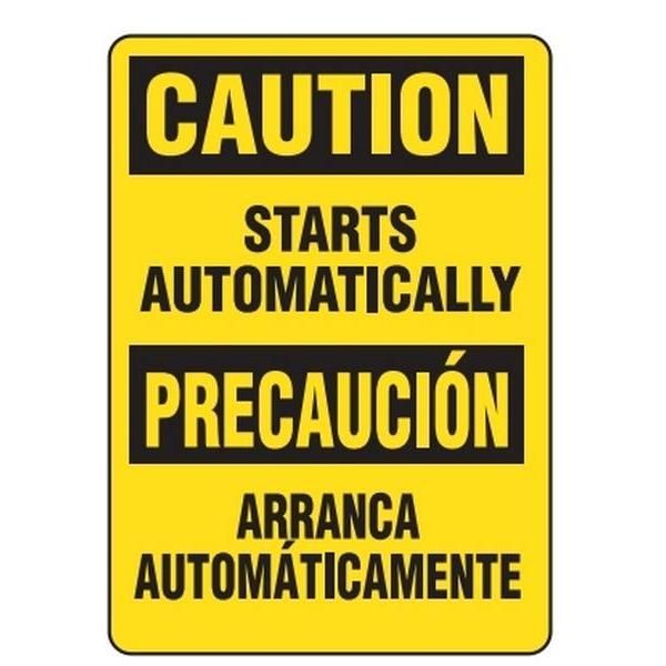 BILINGUAL Caution "Starts Automatically" Safety Sign - 10" x 14" SS6513 INCOM