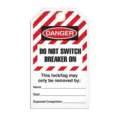 Lockout "Do Not Switch Breaker On" Striped Tag - 25/pkg
