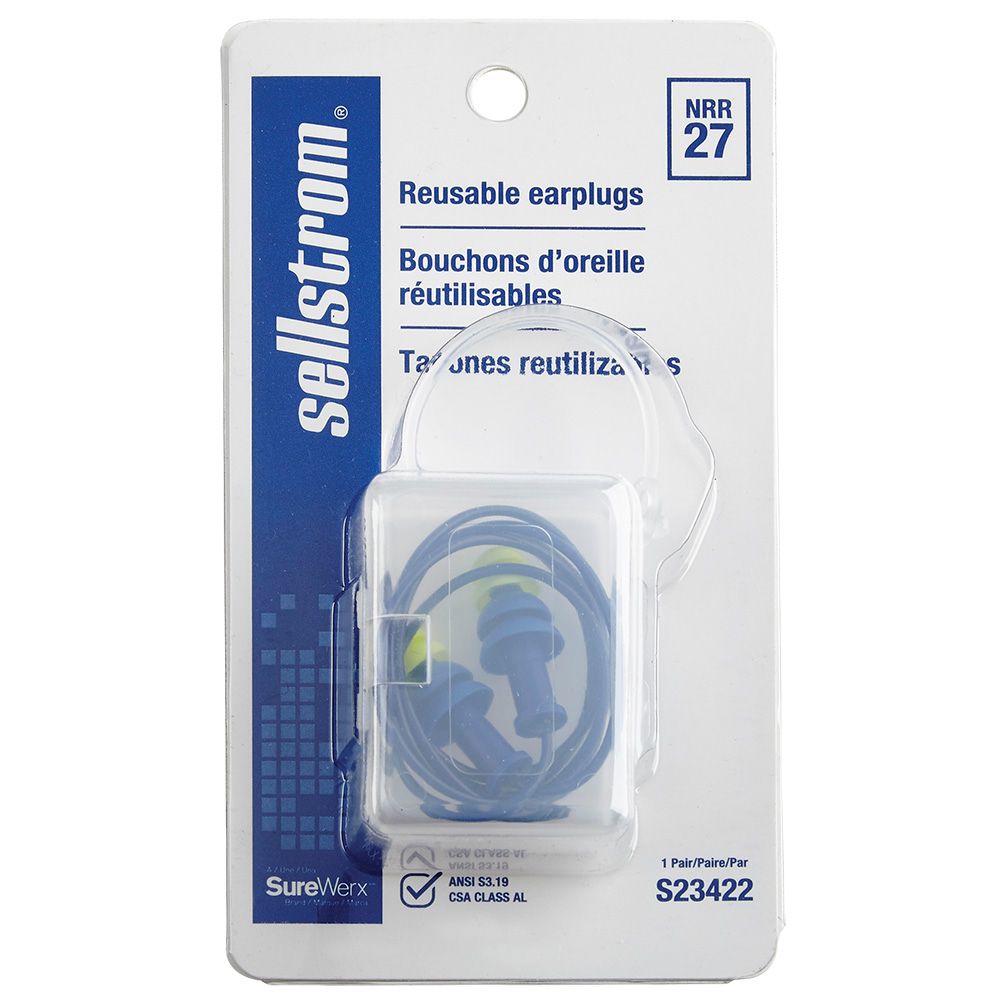 Sellstrom Reusable Ear Plugs - Tapered - Corded - 1 Pair with Plastic Case S23422 Sellstrom