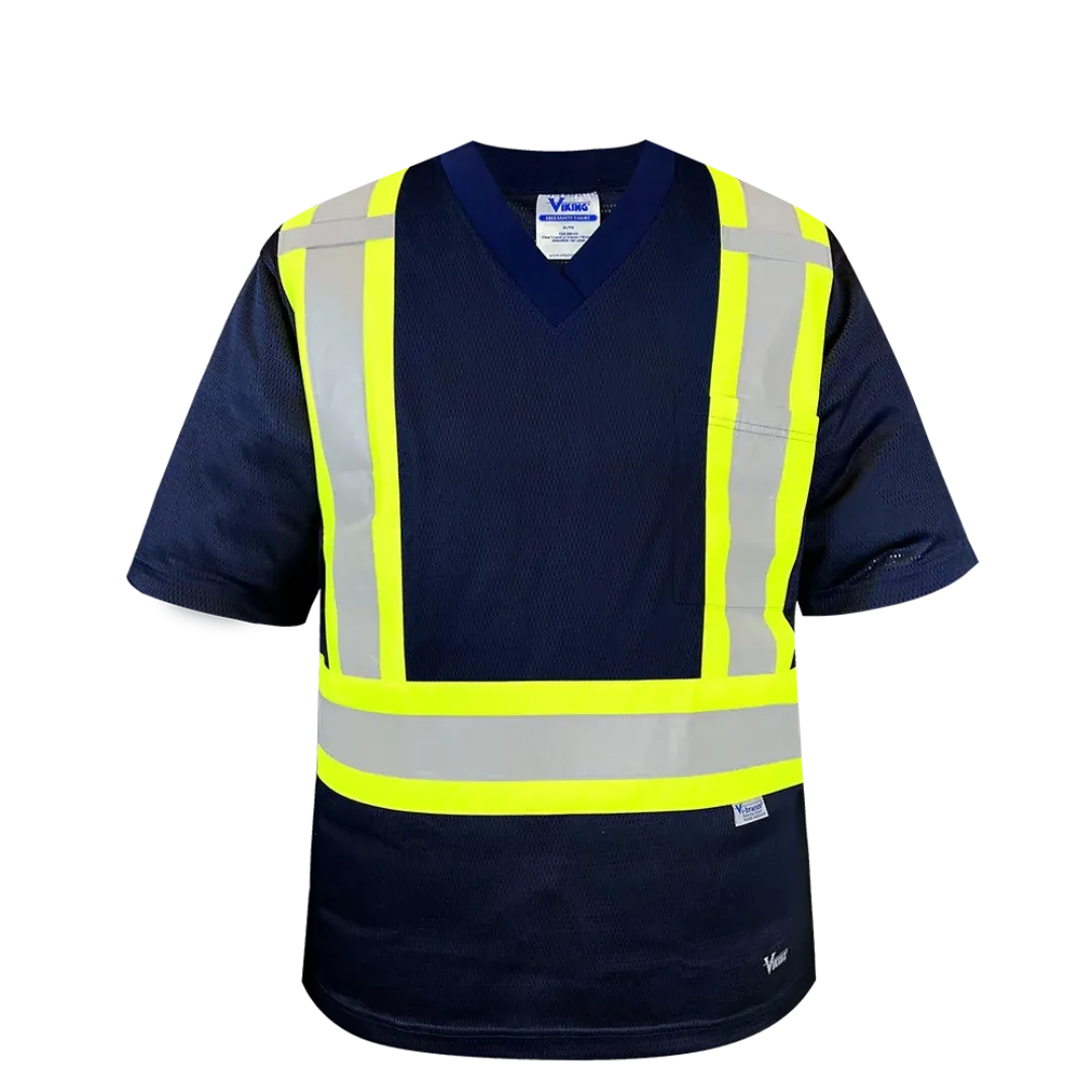 Mesh Safety T-Shirt - Sealed Pocket &amp; Pen Slot - Reflective Chest Strap - Navy 6005N Viking