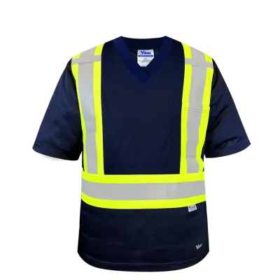 Mesh Safety T-Shirt - Sealed Pocket &amp; Pen Slot - Reflective Chest Strap - Navy 6005N Viking