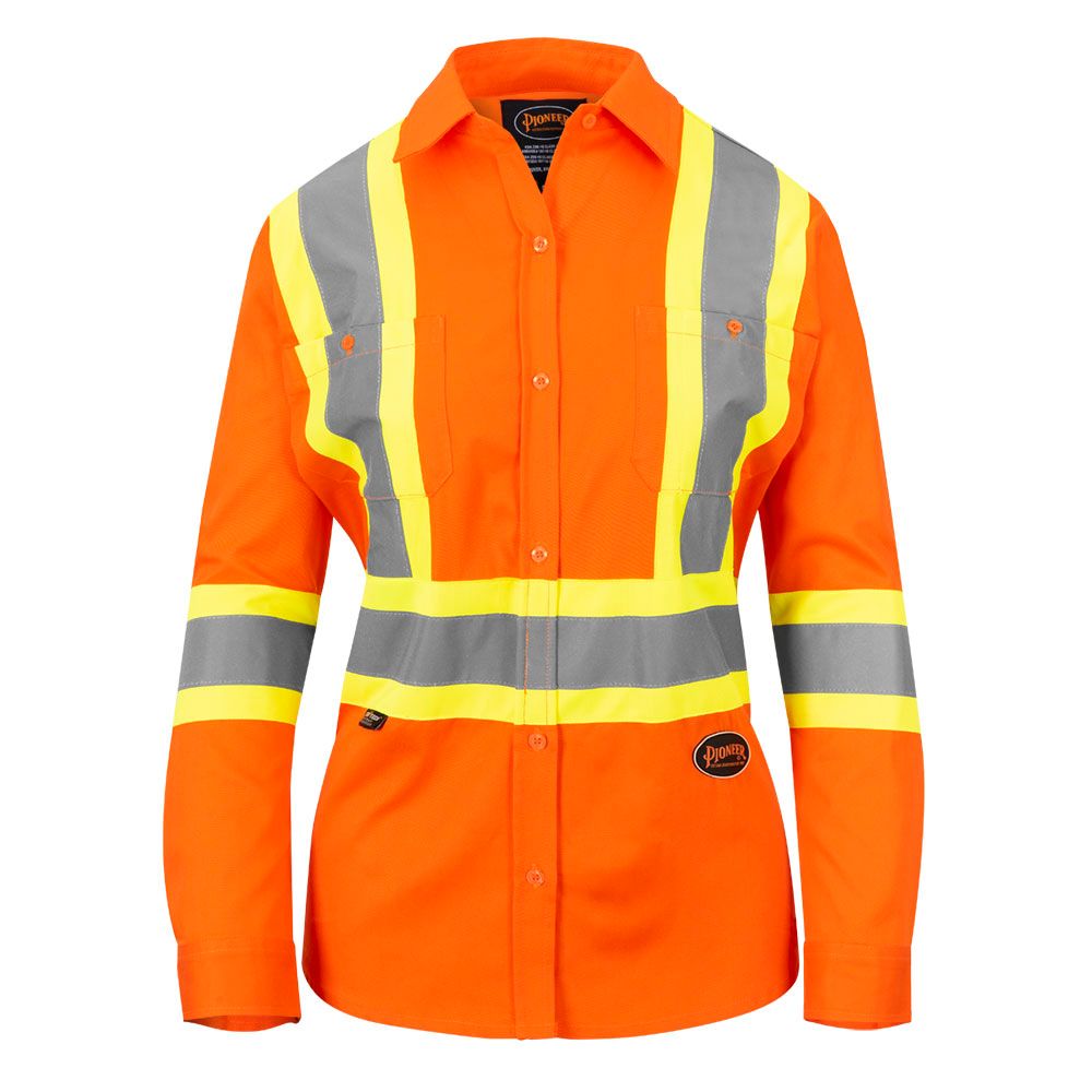 Women's Long Sleeved Safety Shirt - Hi-Vis Orange - Cotton Twill - Button Closure 4441W Pioneer