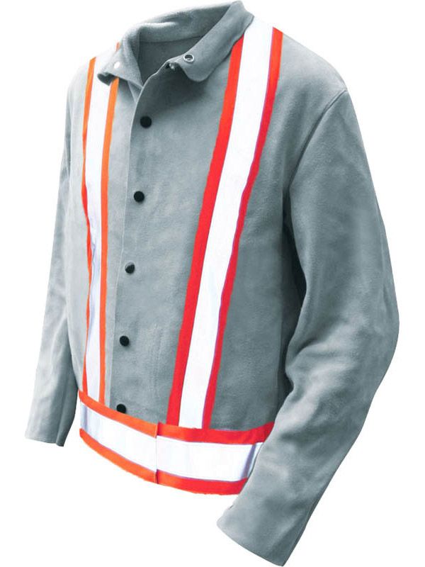 Welding Jacket Split Cowhide Pearl Grey with Hi-viz Reflective Strips (Sold per EACH)