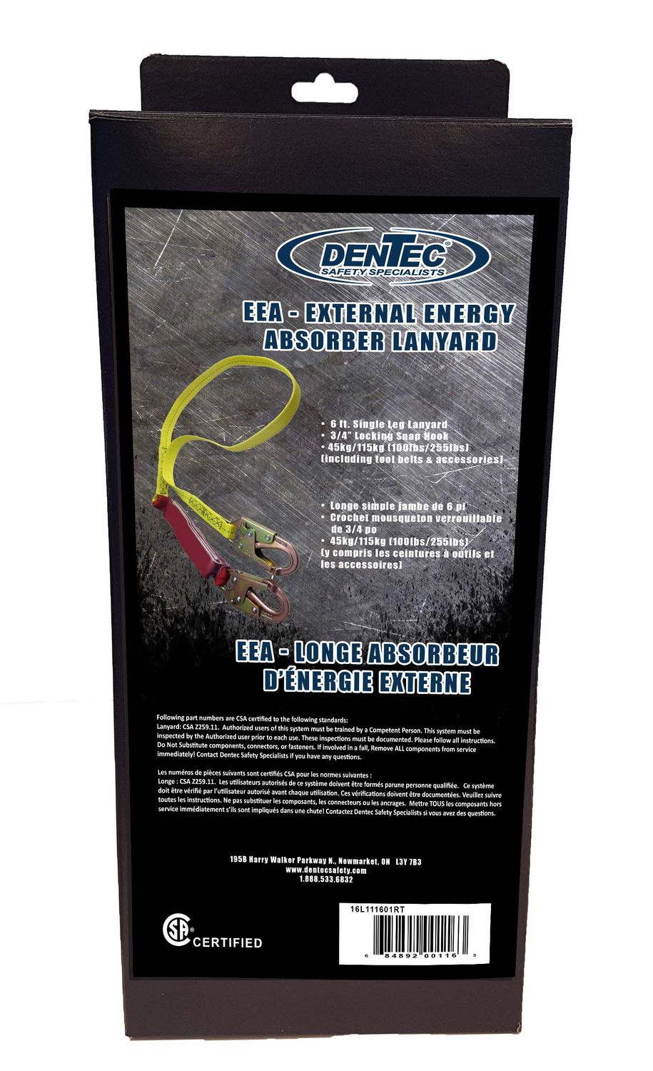 6 Ft EEA Single External Energy Absorber Lanyard W/Hook - 100/255 Lbs, In Retail Box