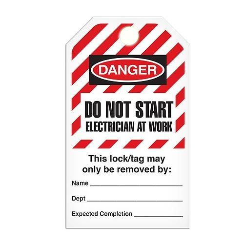 Lockout "Do Not Start Electrician At Work" Striped Tag - 25/pkg TG6029 INCOM