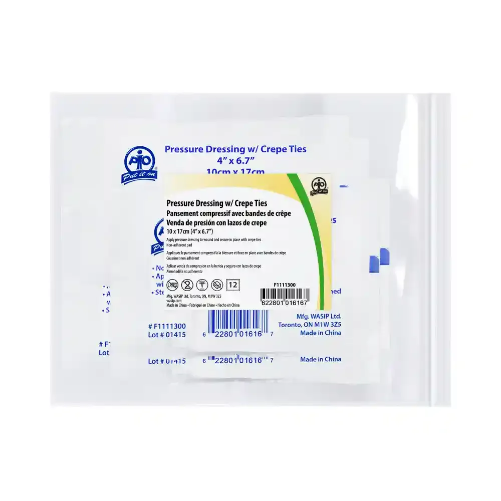 Pressure Dressing with Crepe Ties - 10 x 17cm - Bulk - Pack of 12 F1111300 WASIP