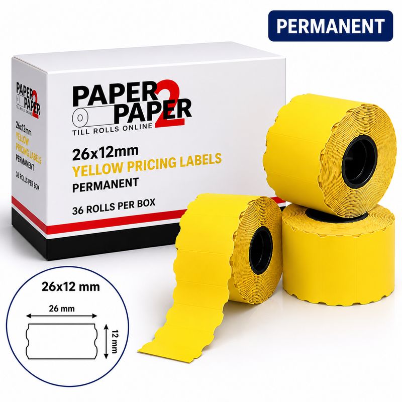 Yellow Pricing Labels 26x12mm – Permanent (36 Rolls Per Box)