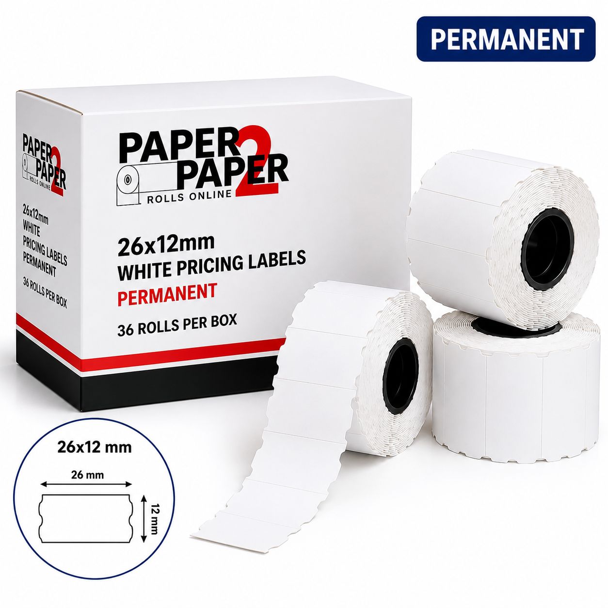 White Pricing Labels 26x12mm – Permanent (36 Rolls Per Box)