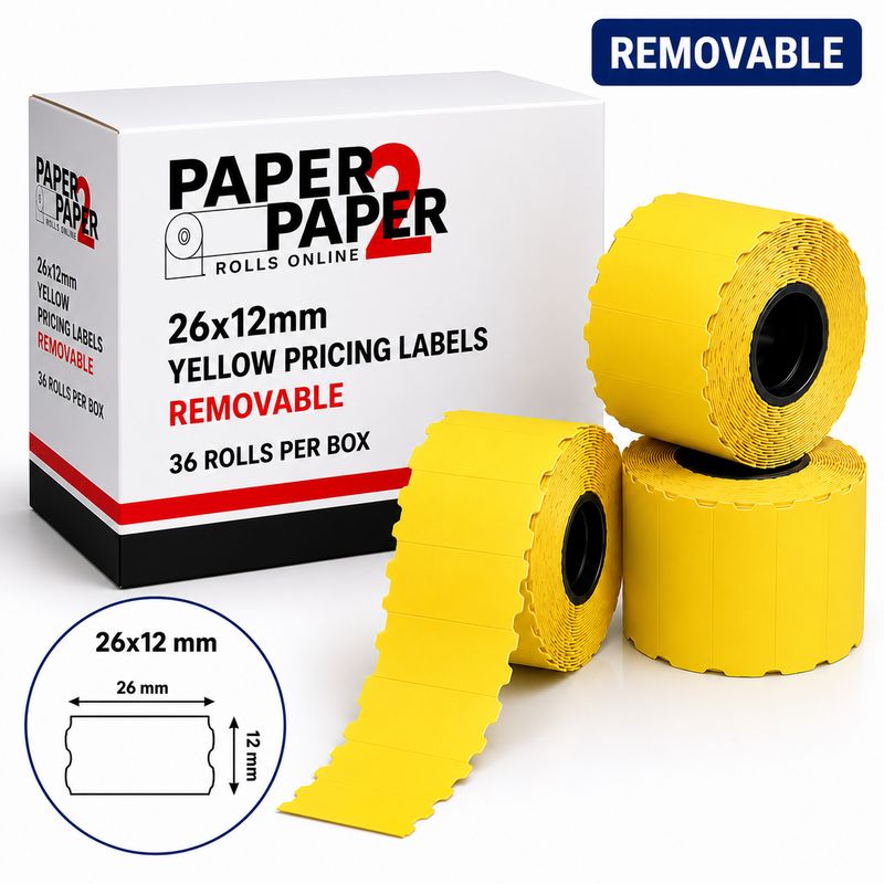 Yellow Pricing Labels 26x12mm – Removable (36 Rolls Per Box)