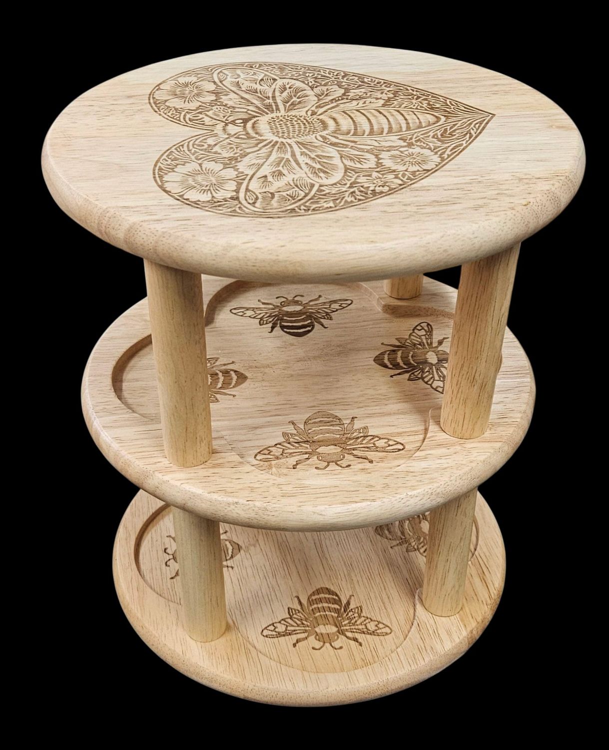 Engraved Hevea Wood Mug Carousel with Bee Design – Rustic Kitchen Storage Stand