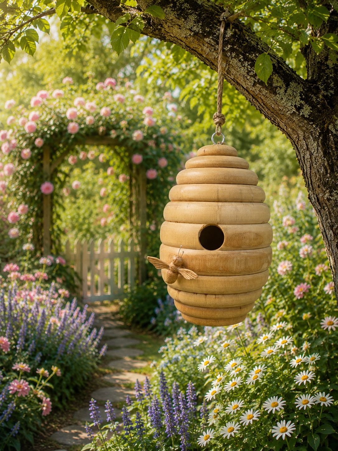 Wooden Beehive Shaped Bird House - Freestanding or hanging