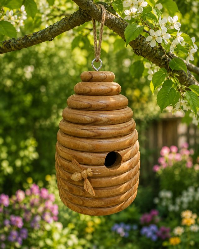 Wooden Beehive Shaped Bird House - Freestanding or hanging