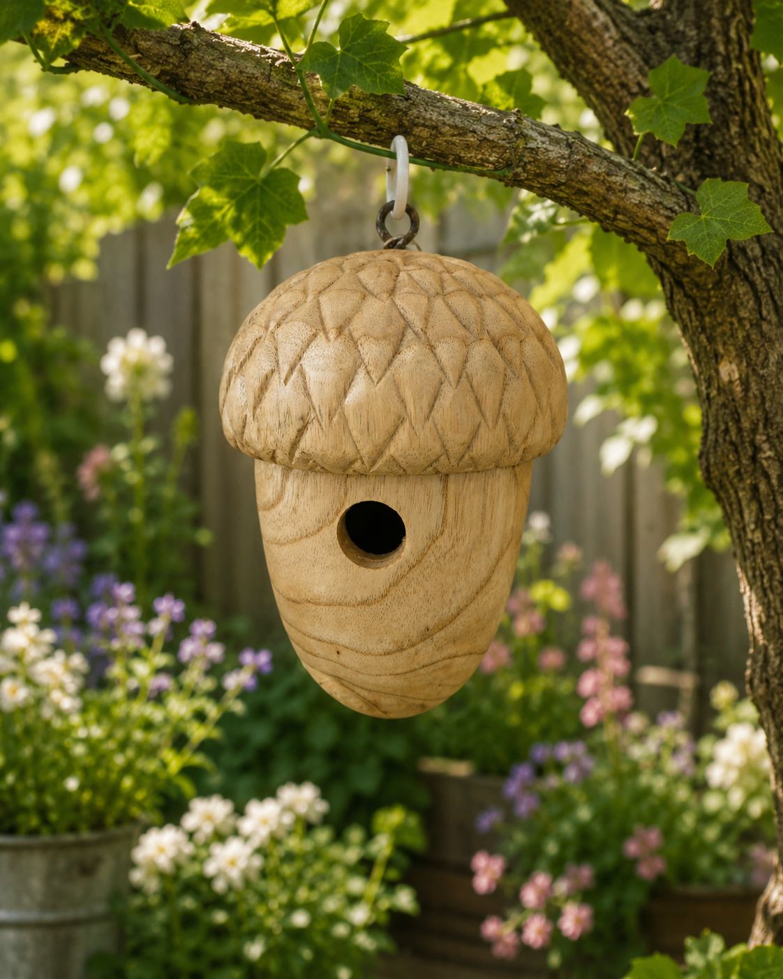 Wooden Acorn Shaped Bird House - hanging