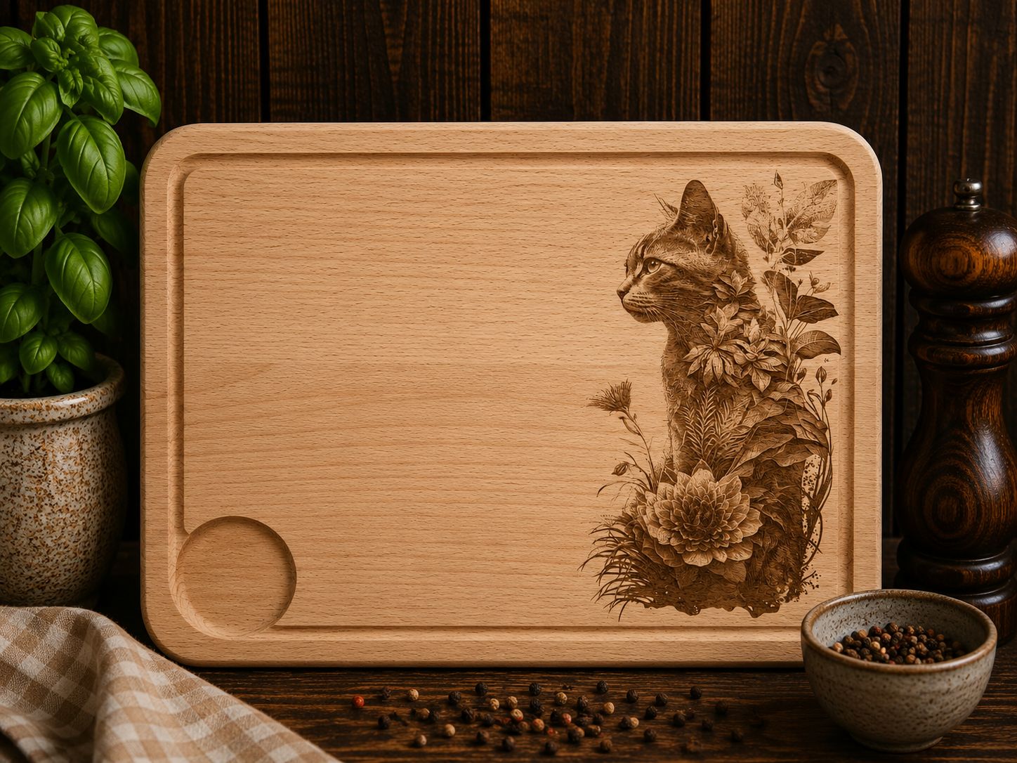 Hevea Wood Chopping Board - Cat Design