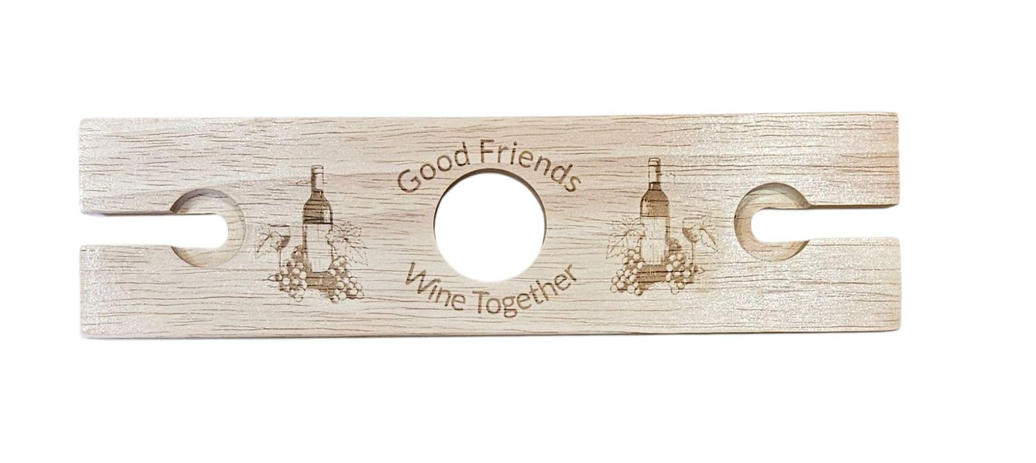 Hevea Wood 2 person Wine / Glasses Holder - Good Friends Wine Together