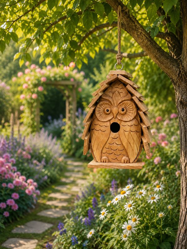 Wooden OWL Shaped Bird House - Freestanding or hanging