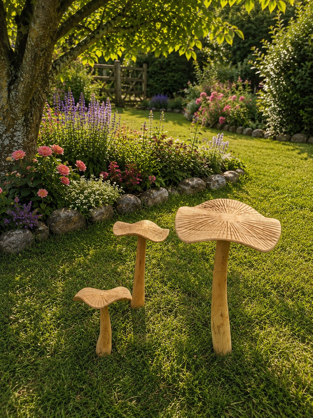 Wooden flat topped Mushrooms  for Garden
