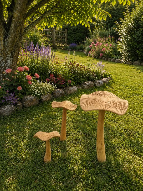 Wooden flat topped Mushrooms  for Garden