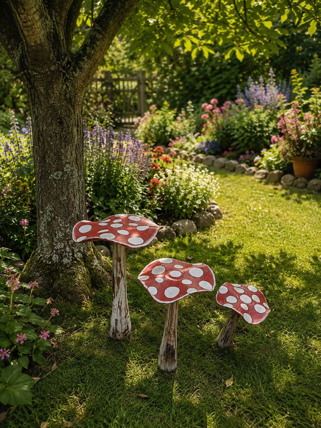 Painted Wooden flat topped Mushrooms for Garden