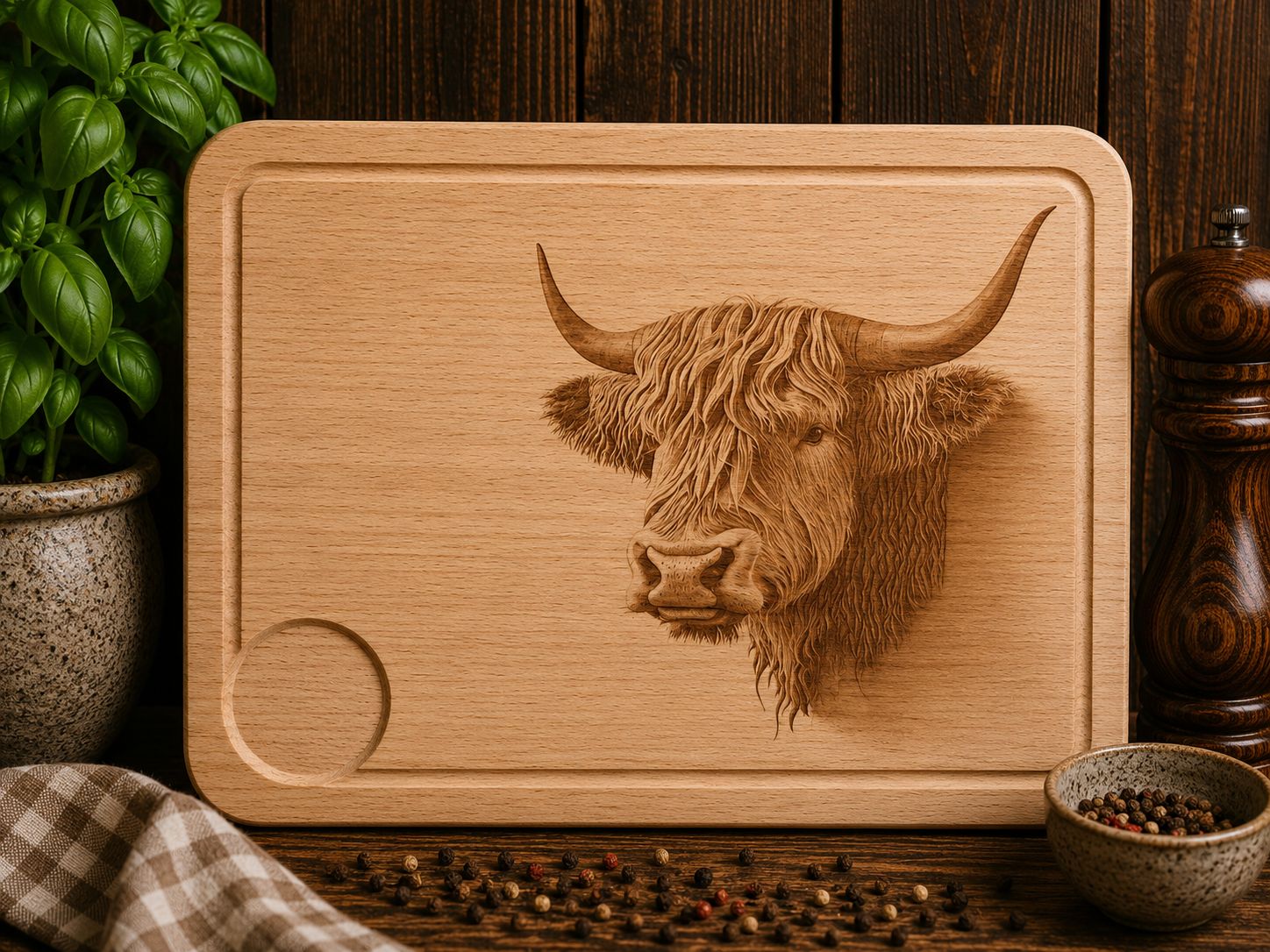 Hevea wood chopping/serving board- Highland Cow Design