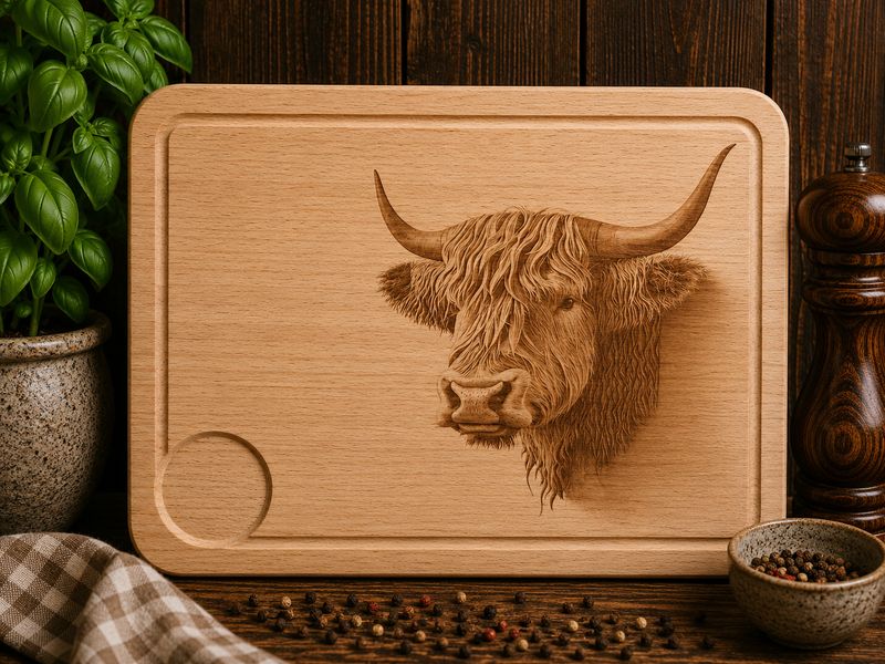 Hevea wood chopping/serving board- Highland Cow Design