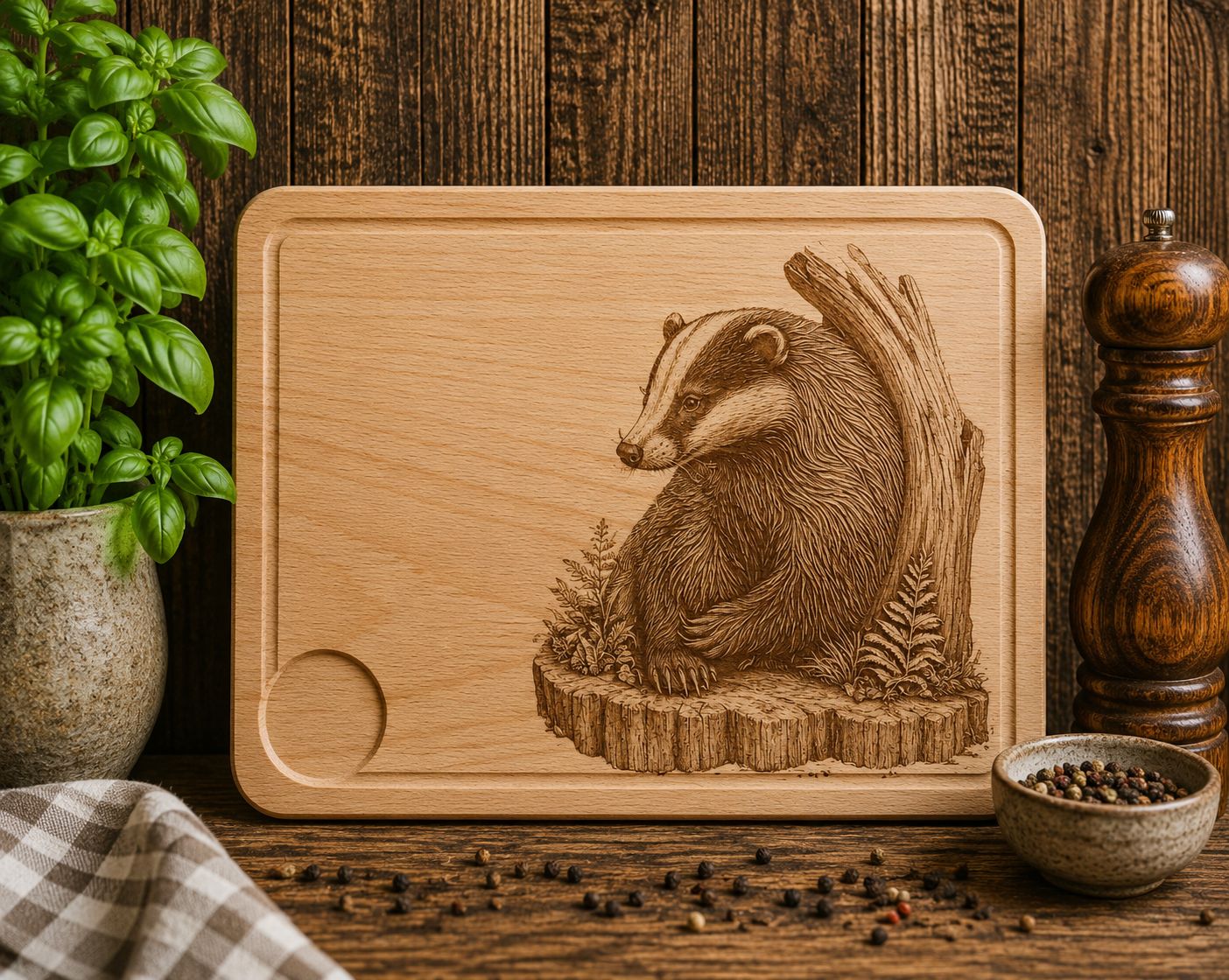 Hevea wood chopping/serving board- engraved BADGER design