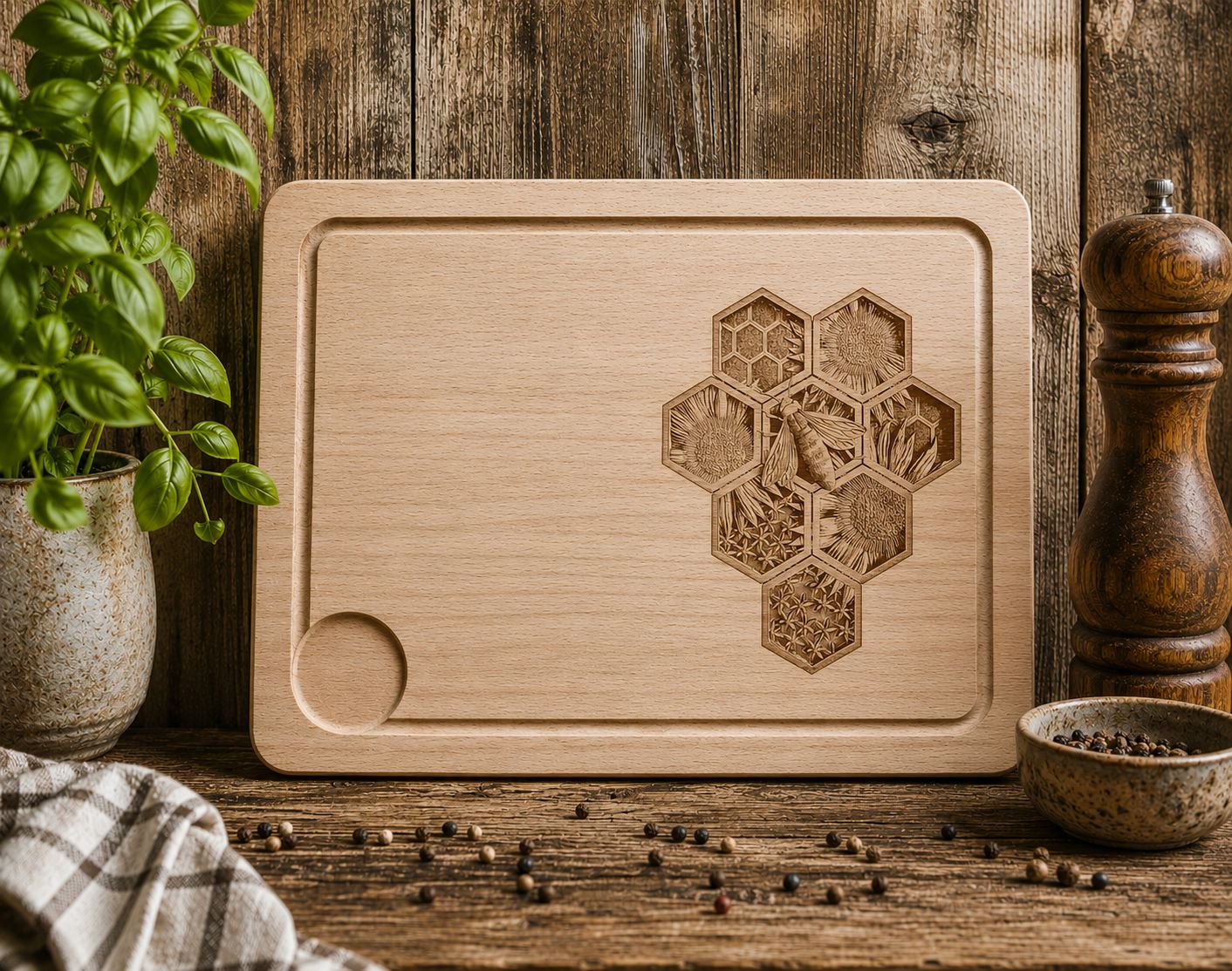 Hevea wood chopping/serving board- Hive design