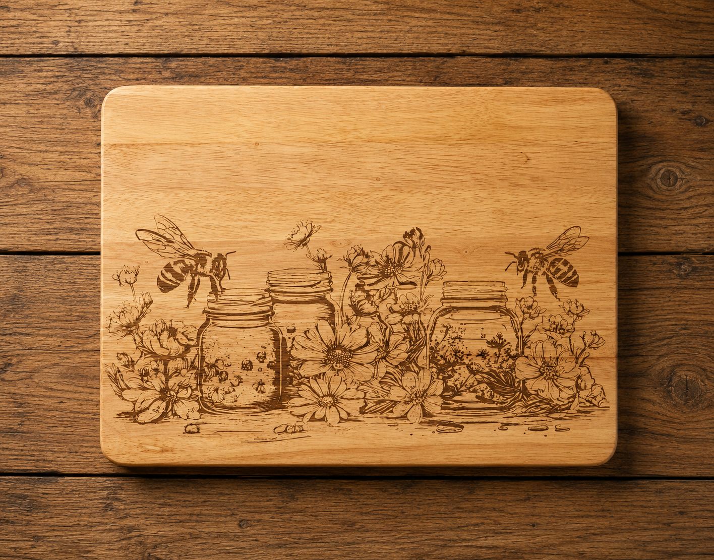 Hevea wood chopping/serving board- Bee on Honey Jars design