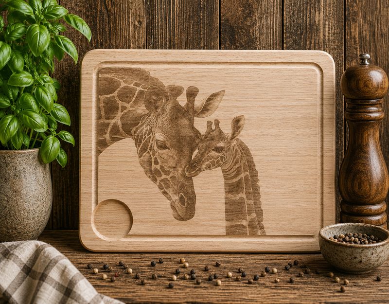 Hevea wood chopping/serving board- Giraffe & Baby design