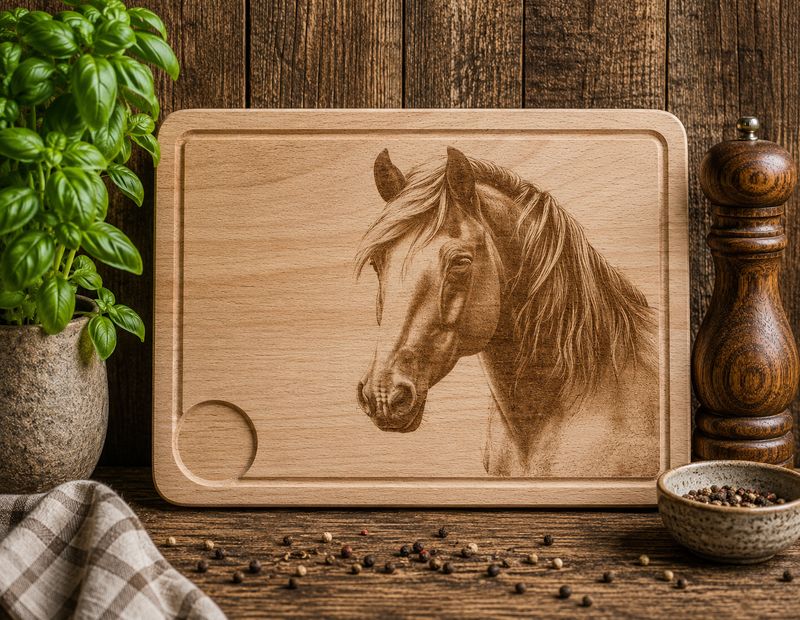 Hevea wood chopping/serving board- engraved HORSE HEAD design