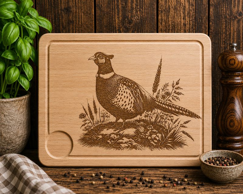 Hevea wood chopping/serving board- engraved PHEASANT design