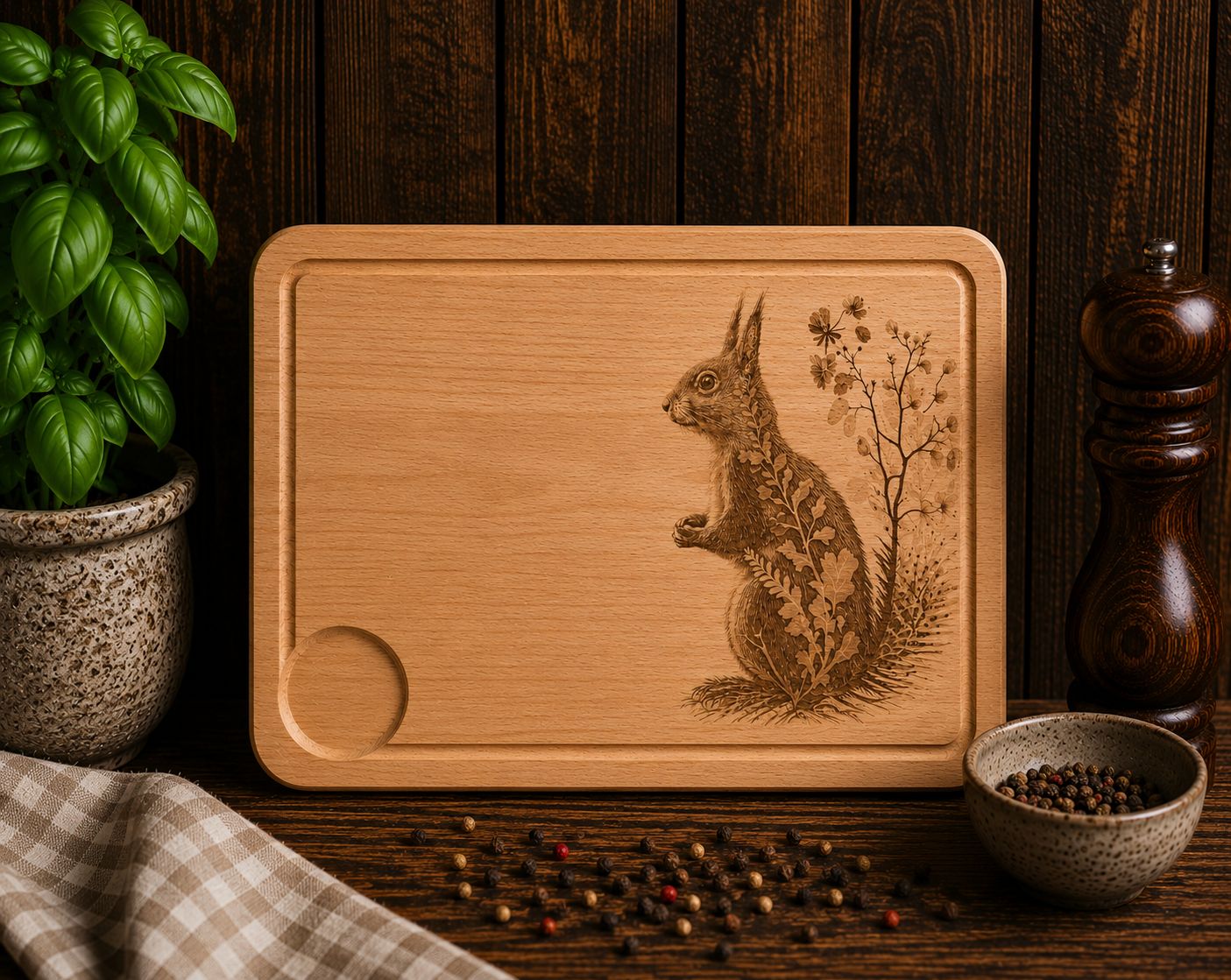 Hevea wood chopping/serving board- engraved RED SQUIRREL design