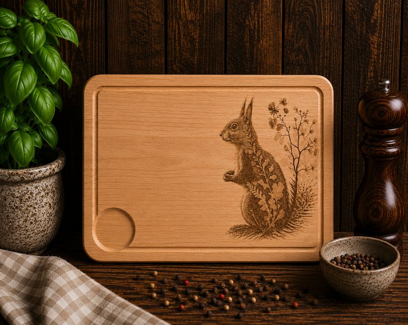Hevea wood chopping/serving board- engraved RED SQUIRREL design
