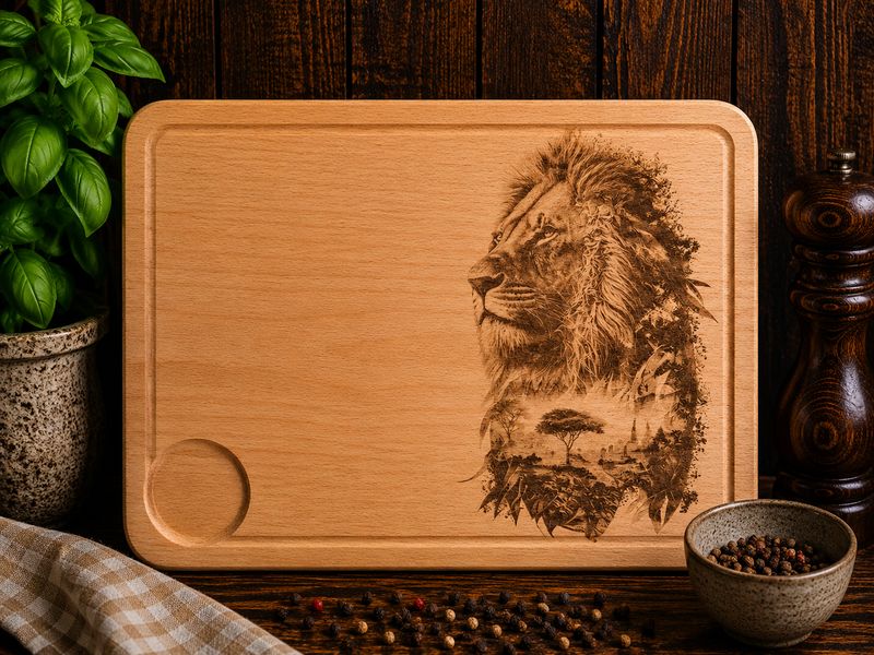 Hevea wood chopping/serving board- engraved LION HEAD design